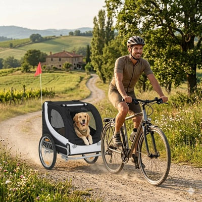 remorque pour chien vélo golden retriever campagne chemin terre