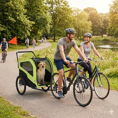remorque pour chiens vélo couple labrador balade parc