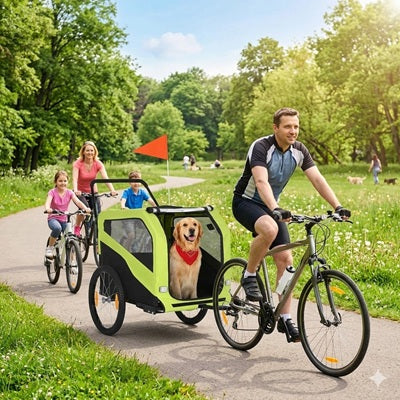 remorque pour chiens vélo famille golden retriever balade nature