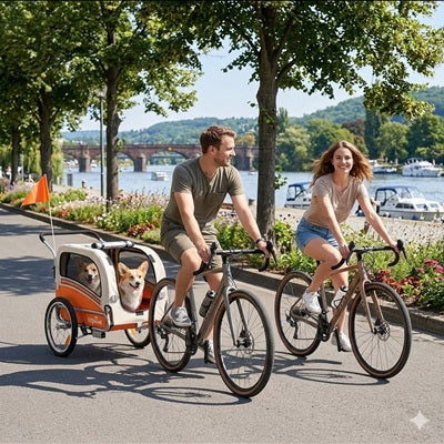 remorque pour vélo chien corgi couple bord rivière été pont fleurs balade