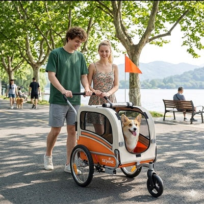 remorque pour vélo chien corgi couple lac allée arbres promenade été sourire