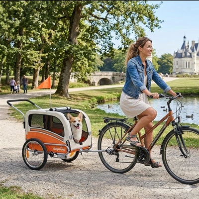 remorque pour vélo chien corgi femme château parc canards étang vélo printemps