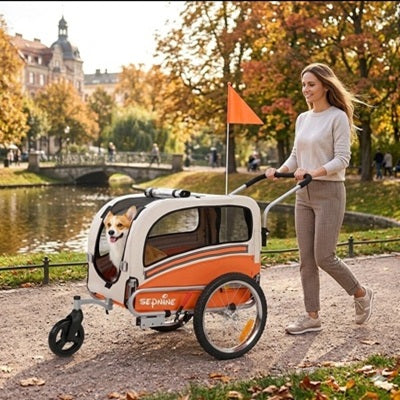 remorque pour vélo chien corgi femme promenade automne parc canal ville orange