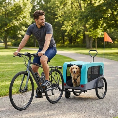 Remorque pour vélo pour chien homme cycliste golden retriever parc