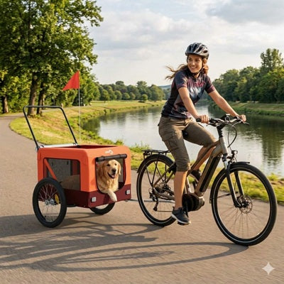 Remorque vélo chien golden retriever balade rivière femme VTT