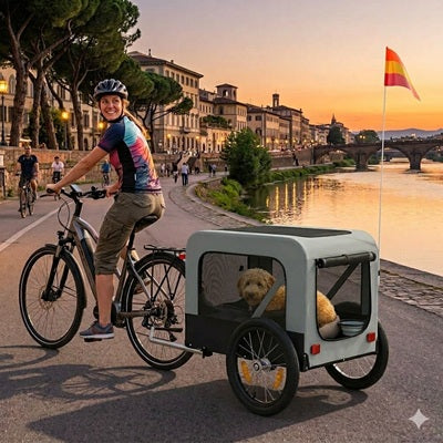 Remorque vélo chien grise caniche bord rivière ville italienne coucher soleil