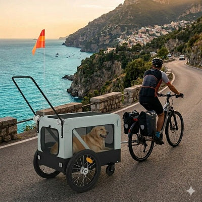 Remorque vélo chien grise golden retriever route côtière mer Méditerranée
