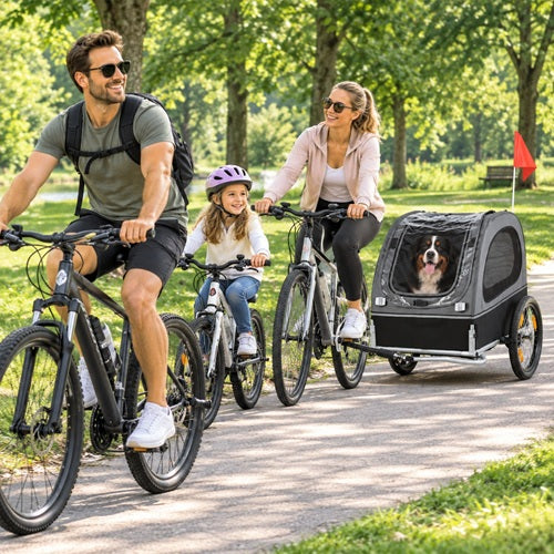 Remorque vélo grand chien balade famille parc arboré