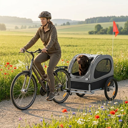 Remorque vélo grand chien cycliste chemin fleuri campagne