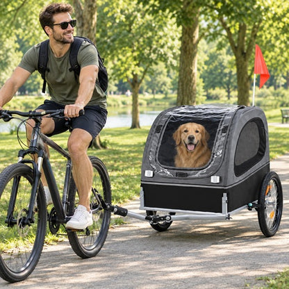Remorque vélo grand chien Golden Retriever balade cycliste parc