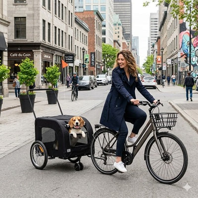 Remorque vélo pour chien beagle ville Montréal femme vélo électrique