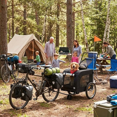 Remorque vélo pour chien famille camping golden retriever forêt