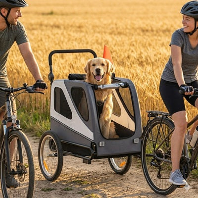 remorque vélo pour chien golden retriever couple champ blé coucher soleil
