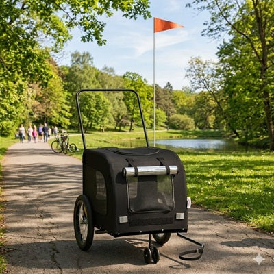 Remorque vélo pour chien noire seule parc verdoyant sentier