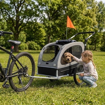 remorque vélo pour grand chien fillette caressant chien parc verdoyant