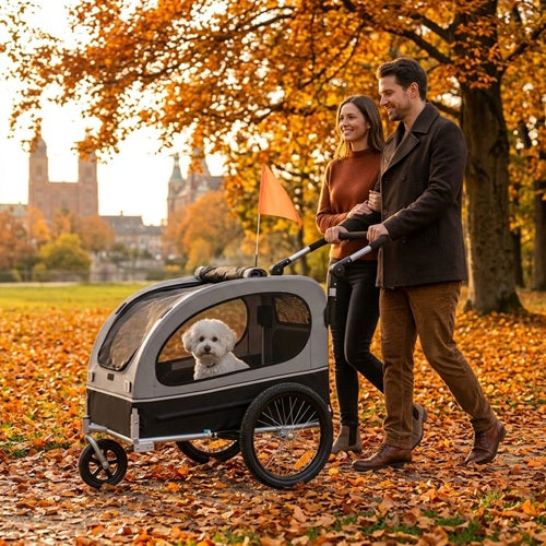 remorque vélo pour grand chien poussette couple promenade automnale chien blanc