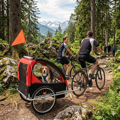 remorques vélo chien beagle couple sentier montagne alpes forêt rouge