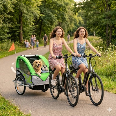 remorques vélo chien golden retriever deux femmes vélo électrique parc