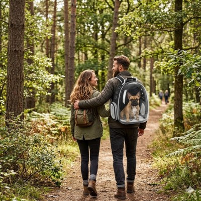 sac à dos chien bulle couple randonnée forêt Bouledogue Français