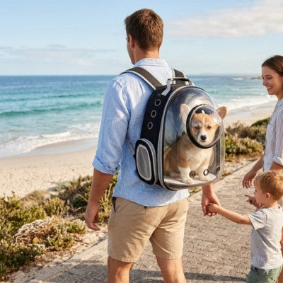 sac à dos chien bulle famille bord mer Corgi balade