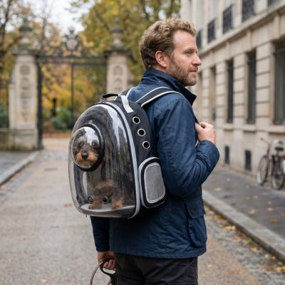sac à dos chien bulle homme rue automne Yorkshire Paris