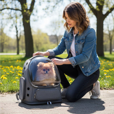 sac a dos chien gris parc printemps petit chien dome transparent confortable