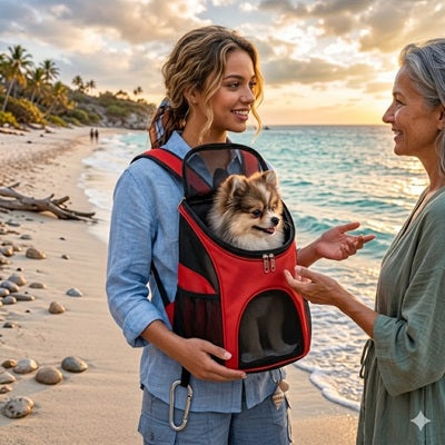sac a dos chien rouge plage coucher soleil spitz voyage