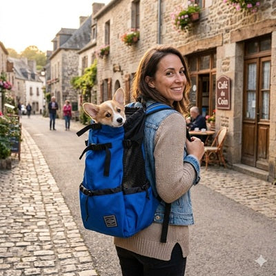 sac a dos chiens femme corgi bleu village pierre balade