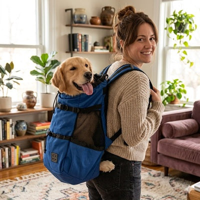 sac a dos chiens femme golden retriever bleu salon lifestyle