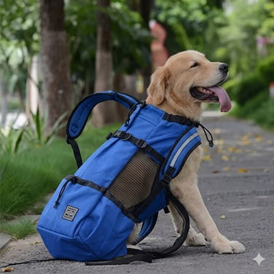 sac a dos chiens golden retriever bleu randonnee parc lifestyle