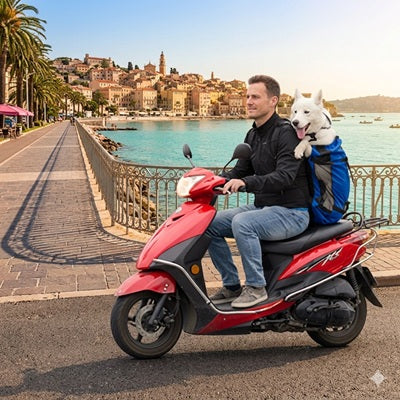 sac a dos chiens homme husky bleu scooter cote azur