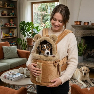 sac chien marron oreilles bandouliere peluche confortable premium portable accessoire canin