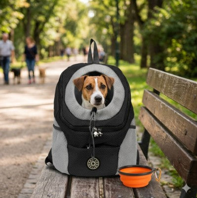 Sac de transport  chien noir banc parc Jack Russell gamelle orange