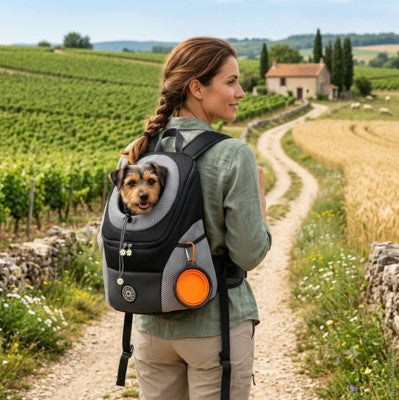 Sac de transport chien noir, femme dos vignoble campagne, balade.