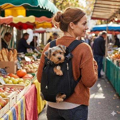 sac de transport chien noir yorkshire marche exterieur confortable voyage pratique