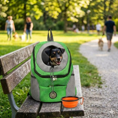 sac de transport chien vert banc parc gamelle Pinscher balade