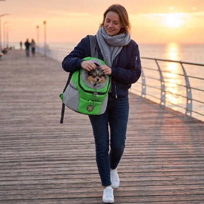 sac de transport chien vert femme jetée coucher soleil Spitz