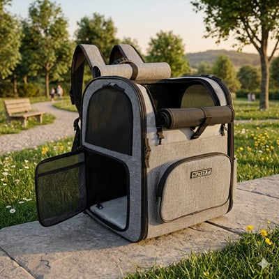 sac de transport de chien gris ouvert parc nature printemps pose