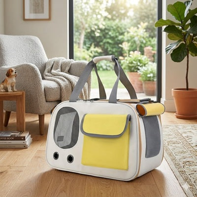 sac de transport pour chien jaune salon moderne beagle lumiere naturelle