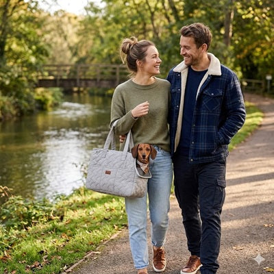 sac pour transport chien gris couple teckel balade riviere automne