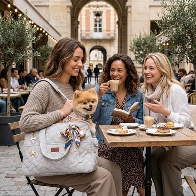 sac pour transport chien gris spitz terrasse paris amies brunch