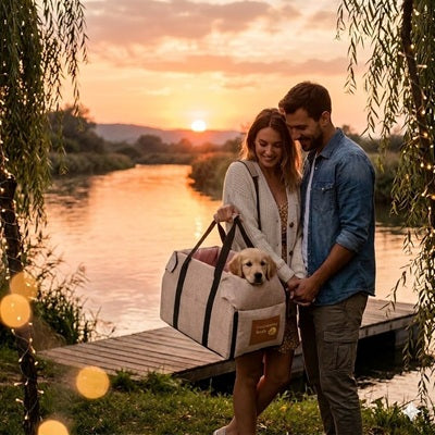 sac pour transporter chien kaki golden couple nature voyage romantique exterieur