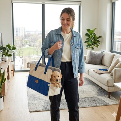 sac transport chien maison appartement chiot bleu confortable femme moderne
