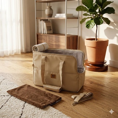 sac transport chien pack complet couverture bandouliere beige interieur premium elegant