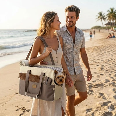 sac transport chien plage voyage vacances petit chien marron couple ete