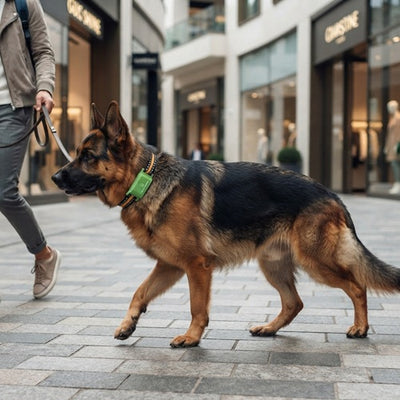 Traceur chien vert berger allemand en promenade en ville