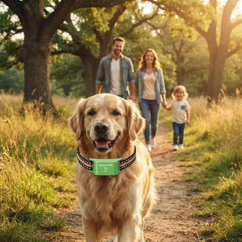 Traceur chien vert Golden Retriever promenade en famille