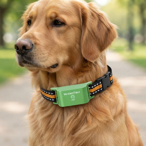 traceur chien vert sur collier de golden retriever en gros plan