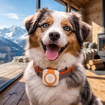 traceur gps chien berger australien chalet montagne alpes hiver collier