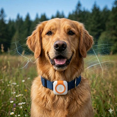 traceur gps chien localisation temps réel golden retriever prairie